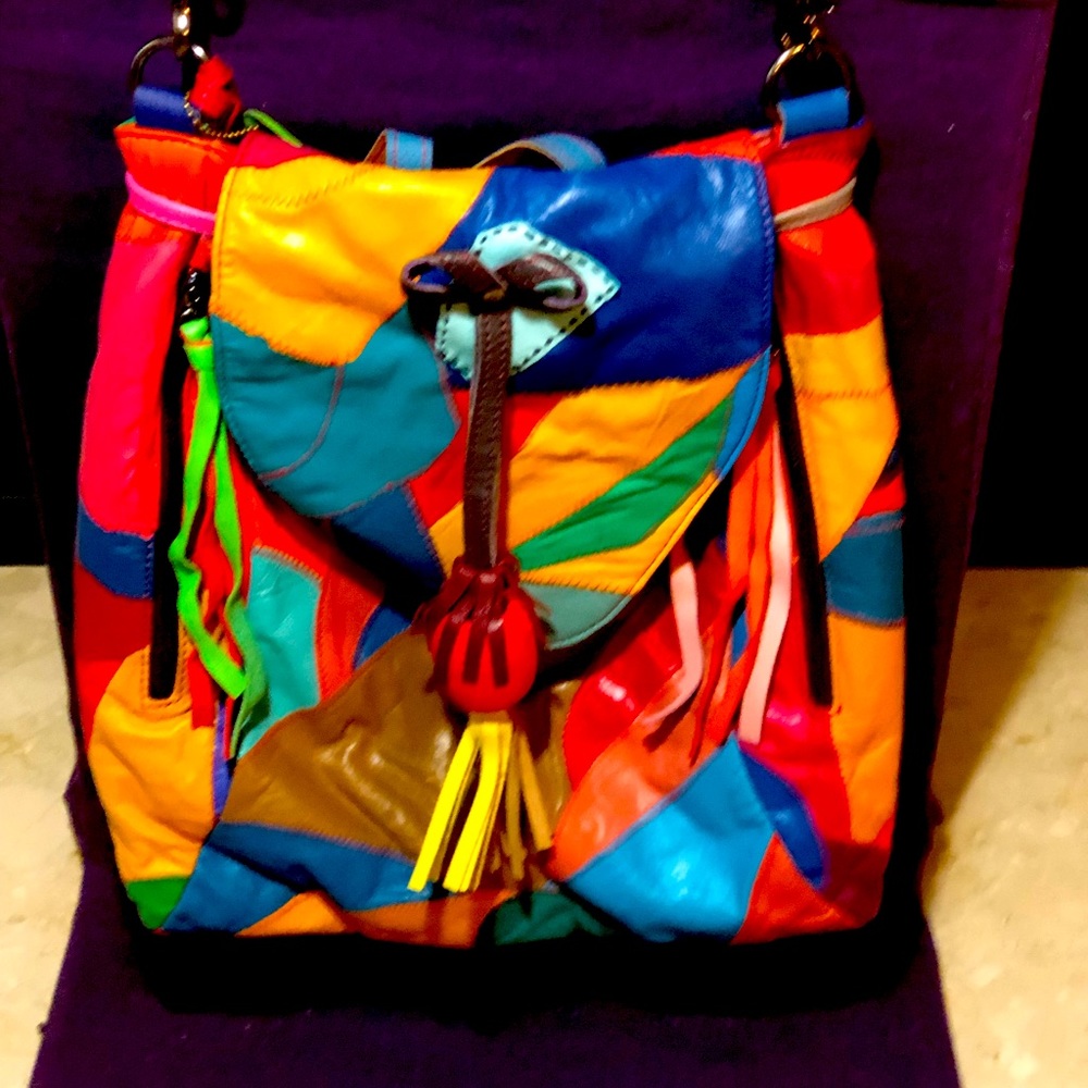Convertible backpack, crossbody handbag. Genuine leather. Patchwork pattern.